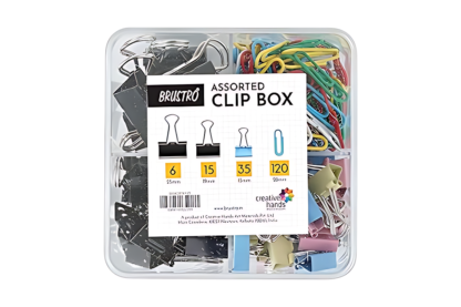 BRUSTRO Assorted Clip Box | Includes 120 Paper Clips-28mm & 56 Binder Clips (25mm- 6 pcs| 19mm- 15 pcs| 15mm- 35pcs) | Home, Office, Stationery use, Ideal for Kids and Adults, Reusable, Flexible