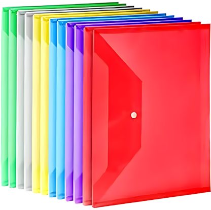 CAMPIO Transparent Document Folder - Side Opening Colored Poly-Plastic File Storage Bag with Snap Button - A4 & Legal-Size Document Folder for Certificates, Plastic File Organizer - Set of 20