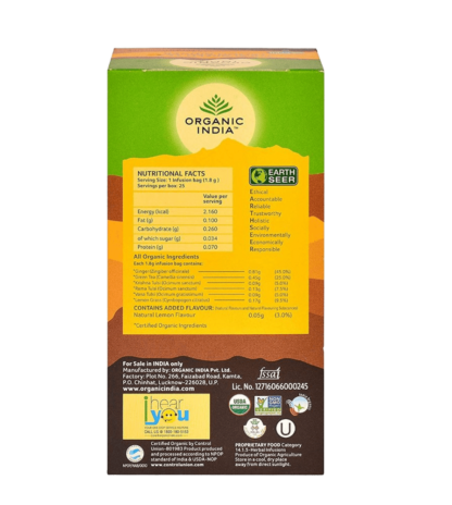 ORGANIC INDIA Lemon, Ginger and Tulsi Green Tea Bags Box  (25 Bags) - Image 2