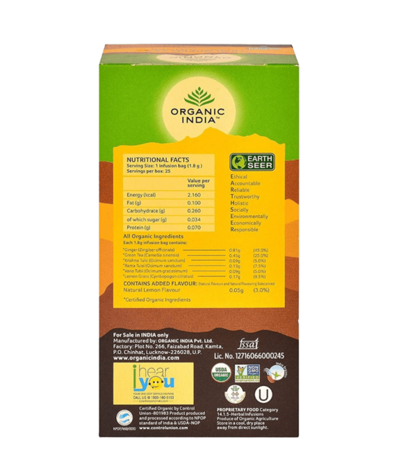 ORGANIC INDIA Lemon, Ginger and Tulsi Green Tea Bags Box  (25 Bags) - Image 2